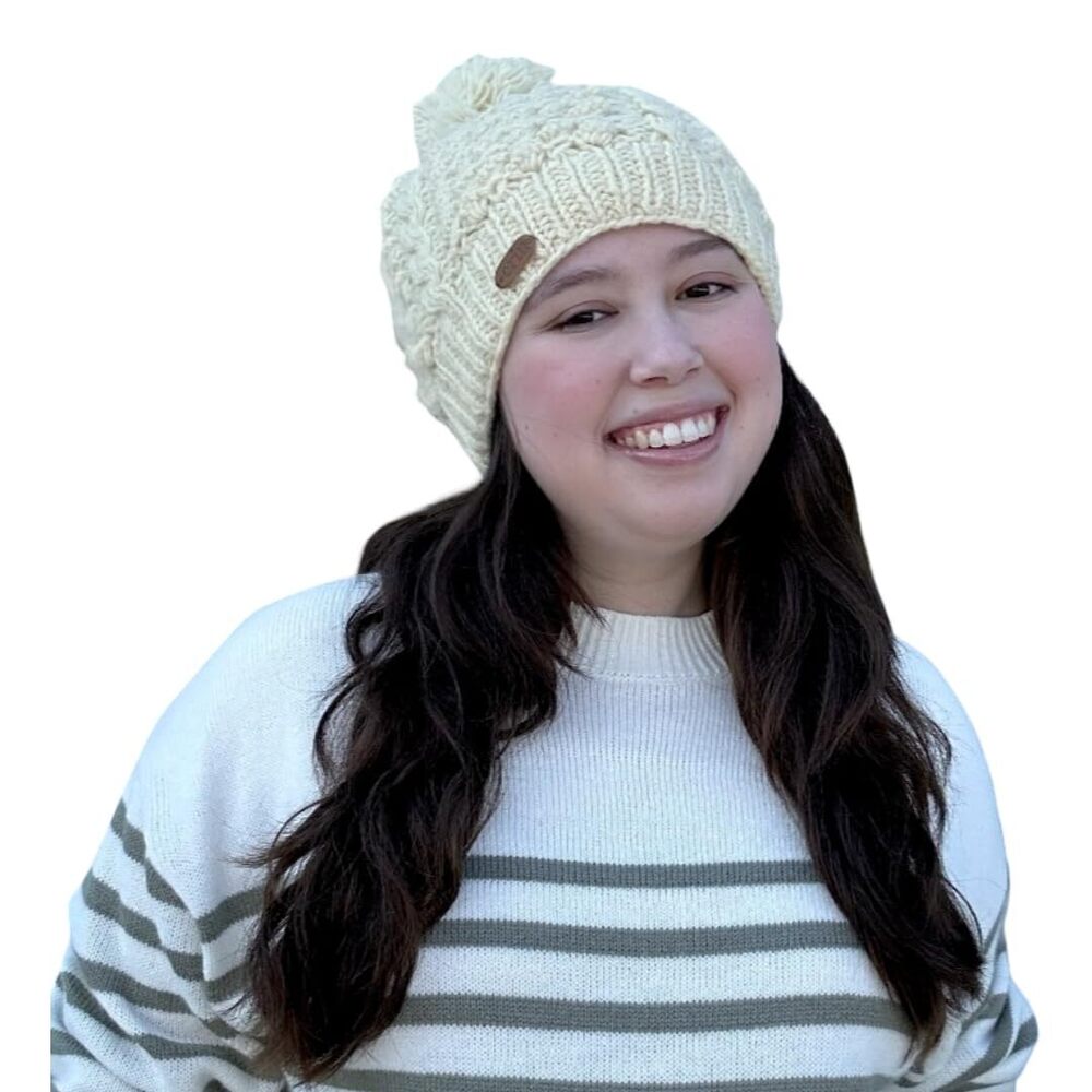 5436 Pom Beanie - Fleece Lined 100% Wool Winter Hats - Knit Hat Designed in